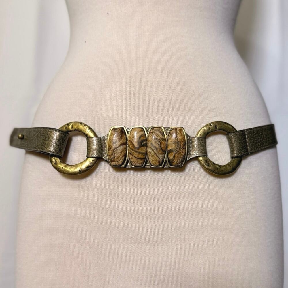Vintage Leatherock Brown Leather Statement Belt Brass Rings Boho Western L